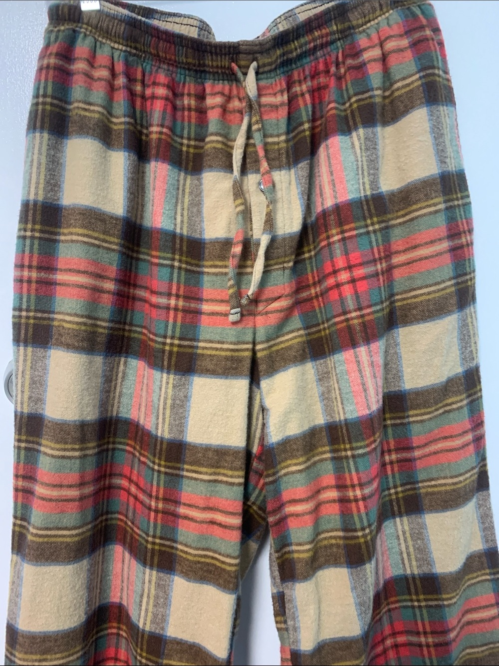 Plaid Drawstring Flannel pajama pant in Red, Green & Brown scotch plaid I think